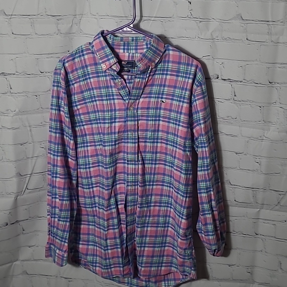 Vineyard Vines light flannel sz 18  XL pink blue plaid button shirt K43